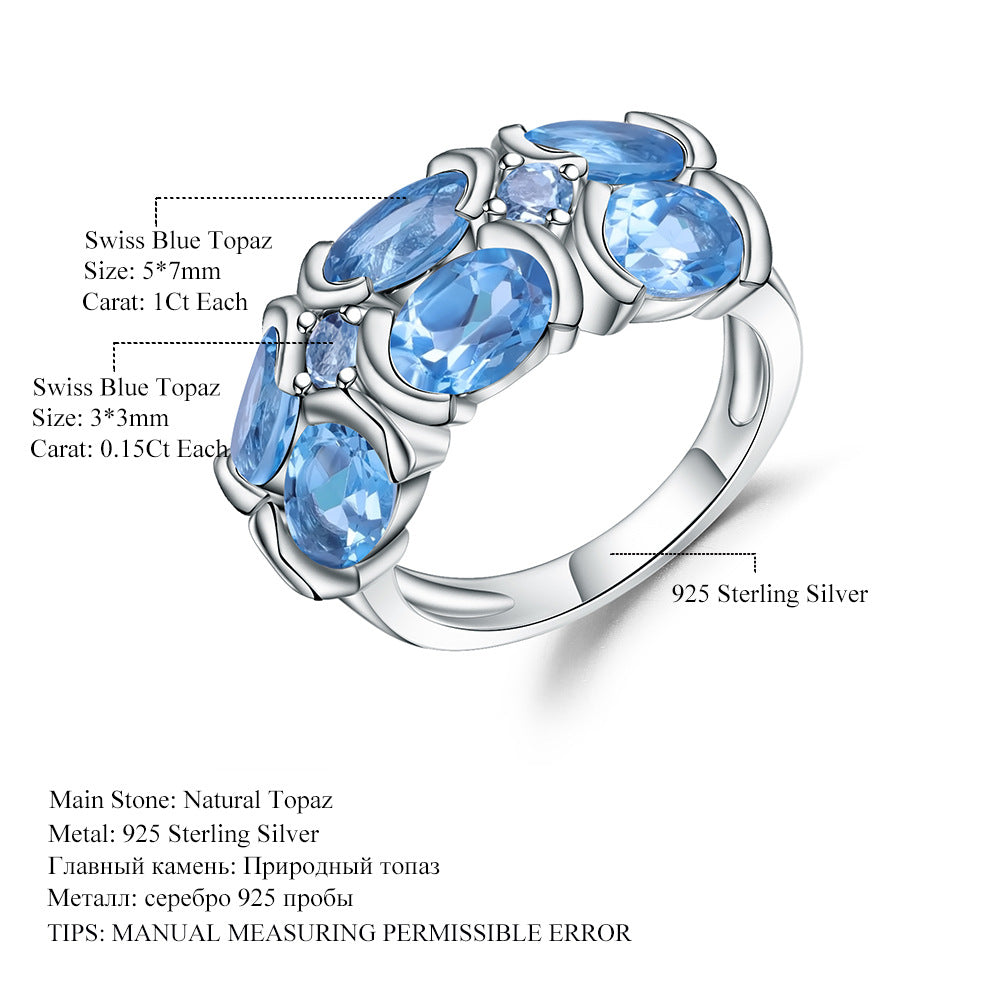 Jewelry Niche Design Natural Gemstone Ring Retro925Silver Inlaid Topaz Ring