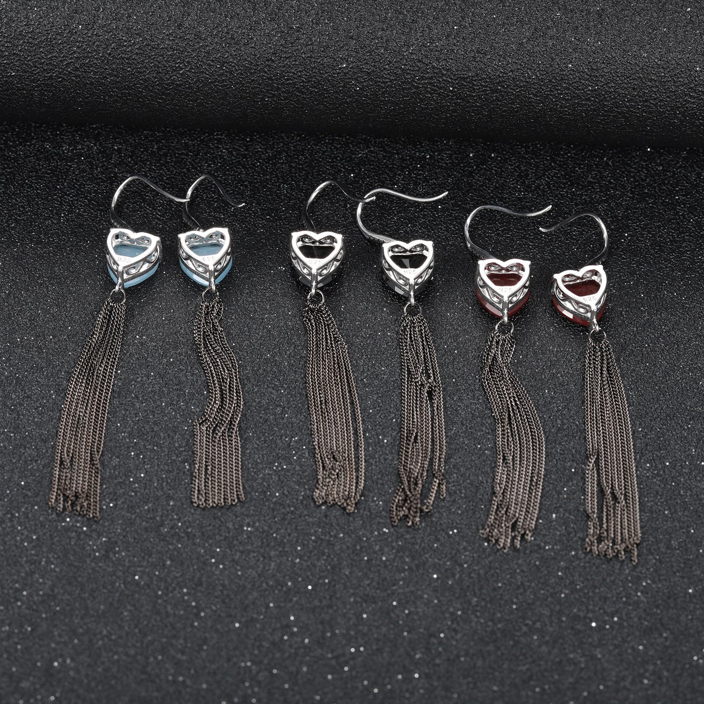 Designer Natural Gemstone Heart Tassel Earrings Sophisticated Design s925Silver and Black Onyx Earrings