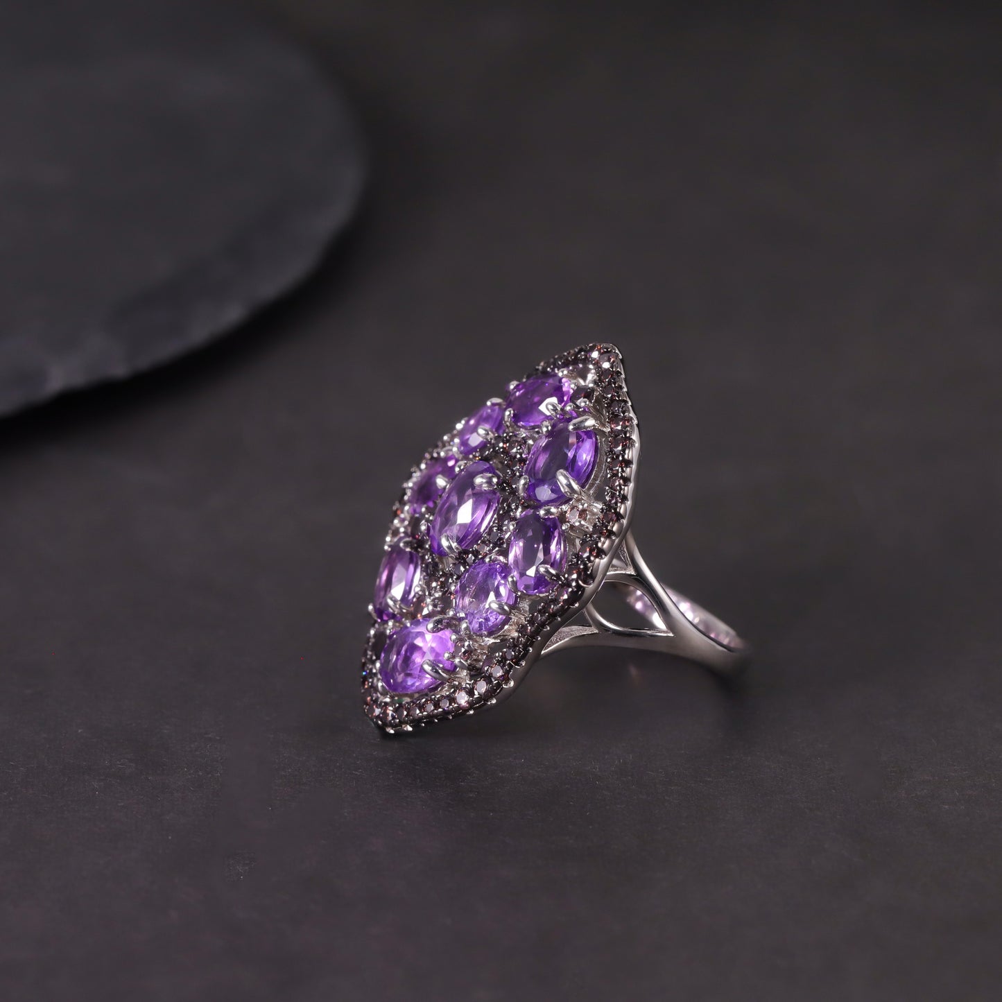 Luxurious Diopside Ring s925Sterling Silver Inlaid Natural Amethyst Green Chalcedony Ring Vintage Style Jewelry