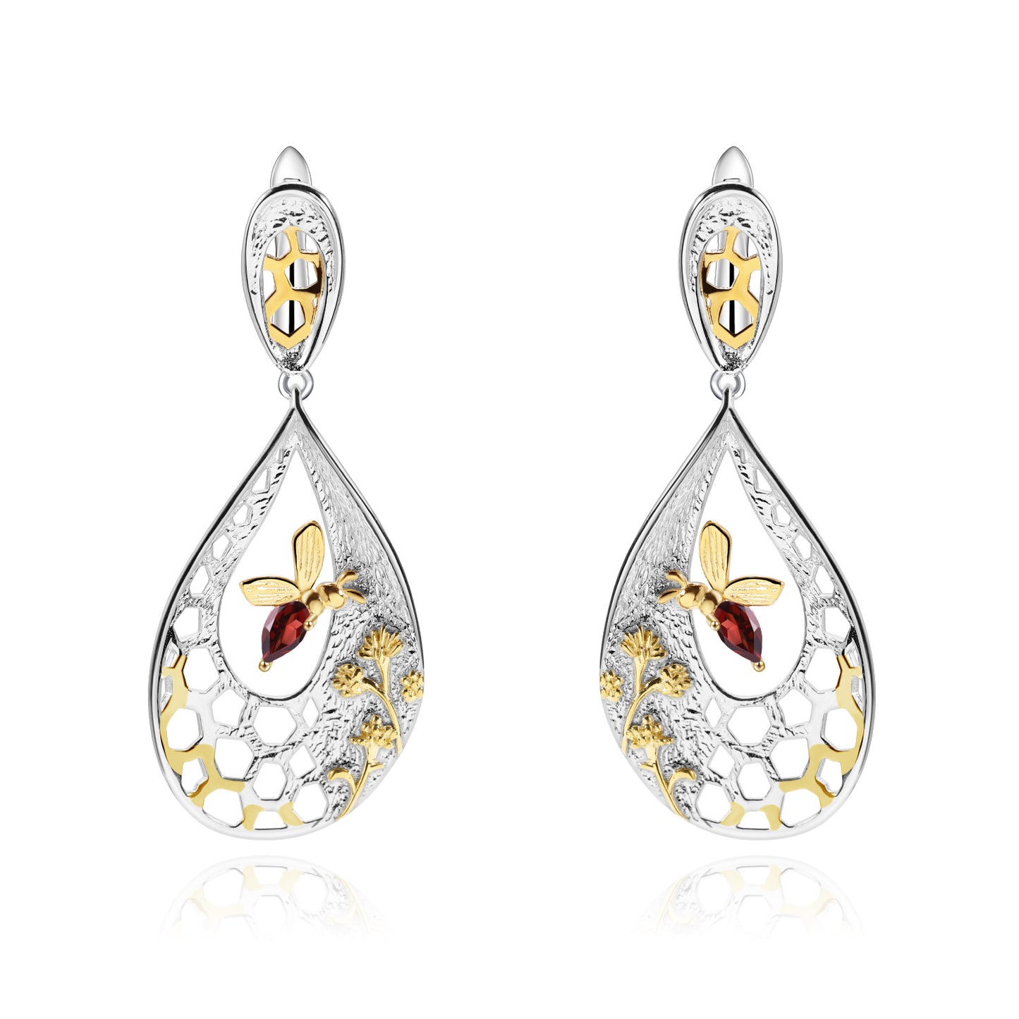 Designer Natural Style Garnet Earrings Beehive Design s925Silver Natural Gemstone Earrings Studs Drop Earrings