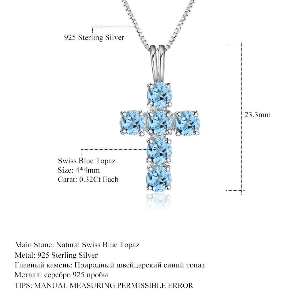 Personality s925Sterling Silver Inlaid Natural Topaz Necklace Pendant Light Luxury Fashion Cross Necklace Pendant