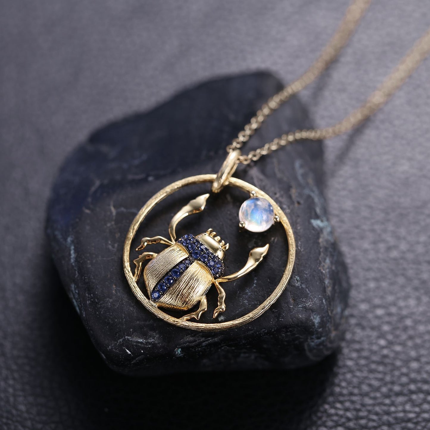 Independent Designer Natural Cream Blue Moonstone Pendant Insect s925Sterling Silver Gemstone Niche Design Necklace for Women
