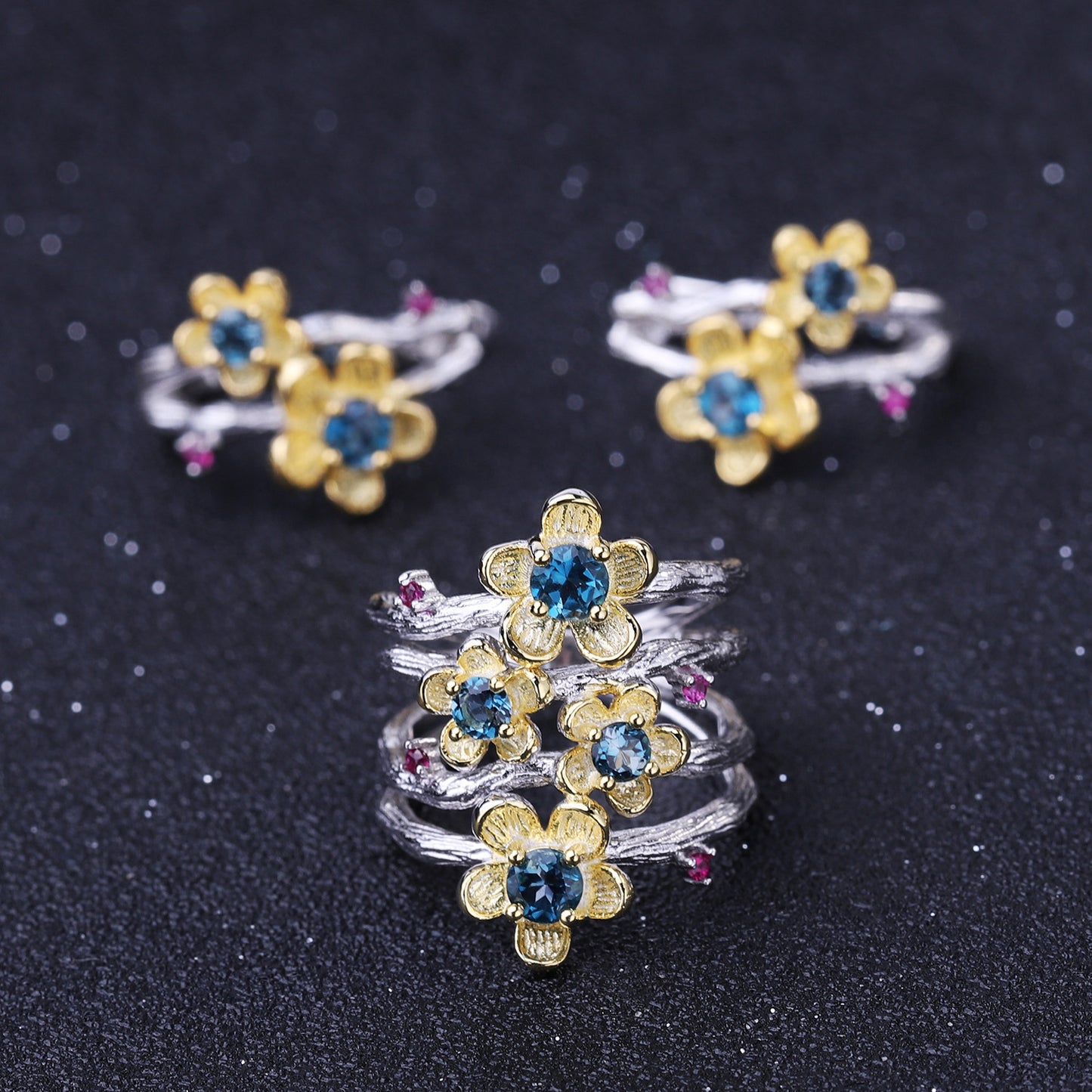 Italian Craft Designer Gemstone Ring Natural Style Floral Design925Silver Natural Topaz Ring