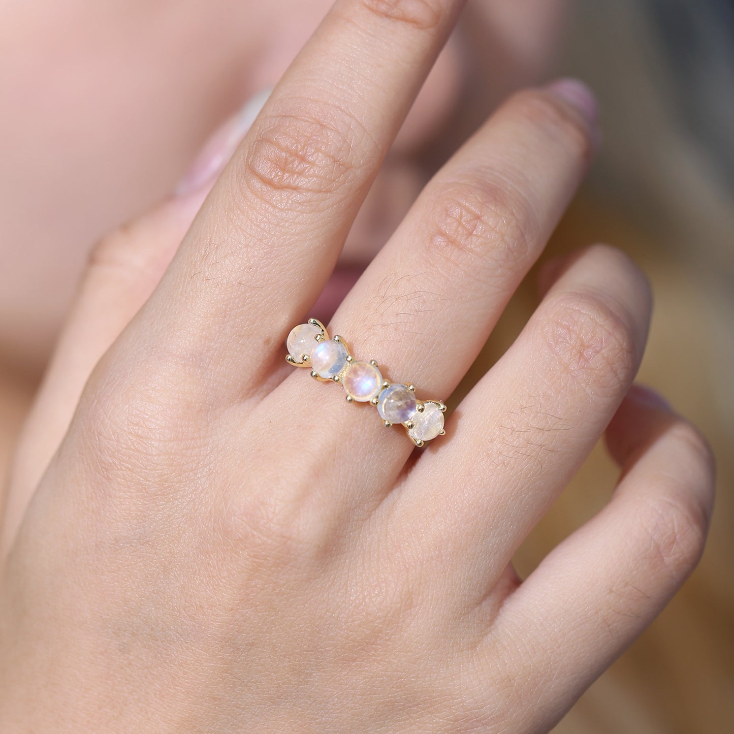 Niche Design Natural Cream Blue Moonstone Ring Export s925Sterling Silver Inlaid Gemstone Ring Gold