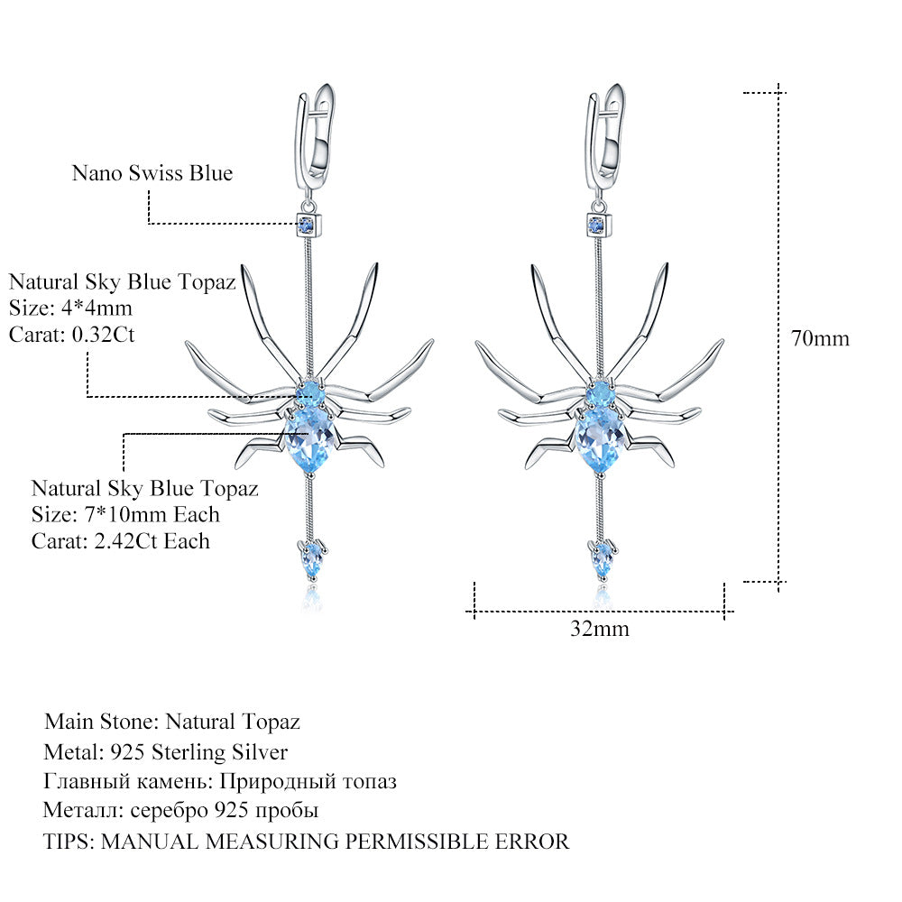 Insect Series Designer Earrings Spider-shaped design s925Sterling Silver Natural Topaz Earrings