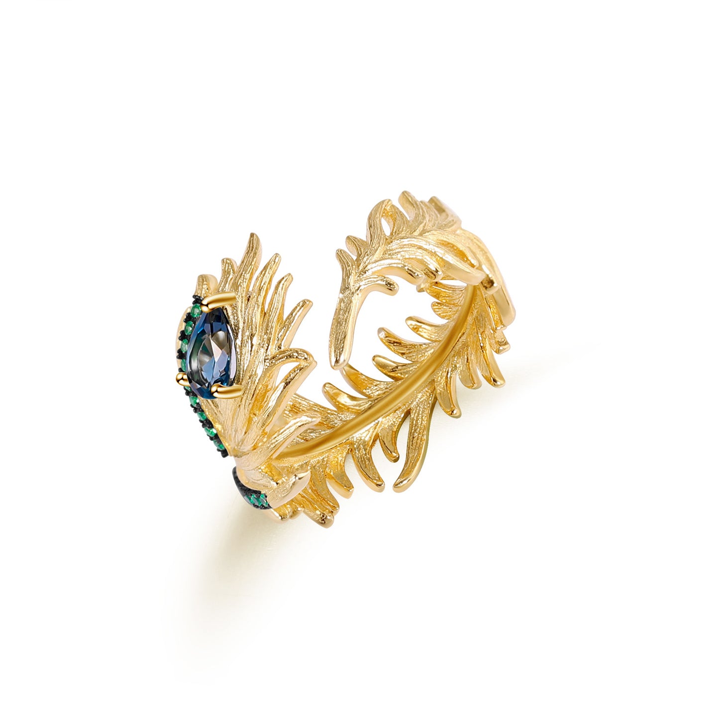 Designer Adjustable Open Ring with Bird Feather Design925Silver Natural Topaz Ring