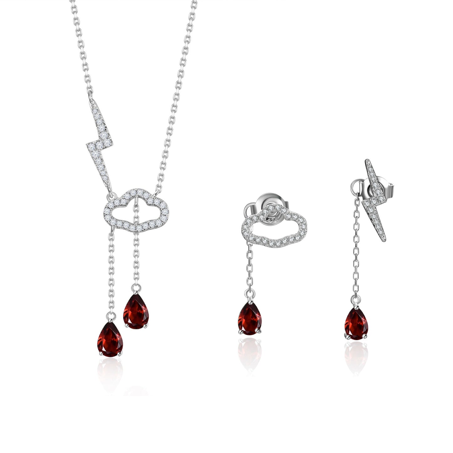 Cloud and Lightning Design Earrings and Necklace Two-Piece Set s925Silver Inlaid Gemstone Garnet Jewelry Set
