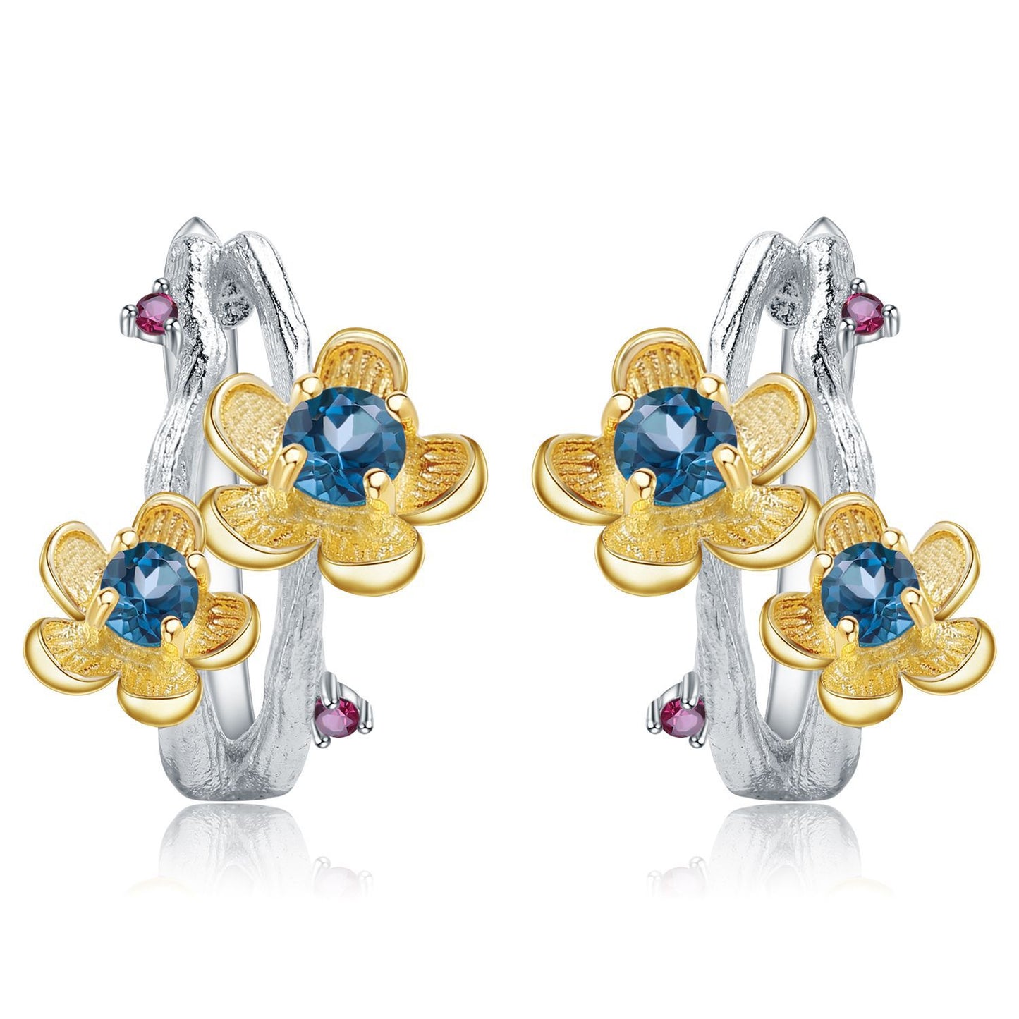 Italian Craft Designer Gemstone Earrings Natural Style Flowers925Silver Natural Rose Garnet Stud Earrings