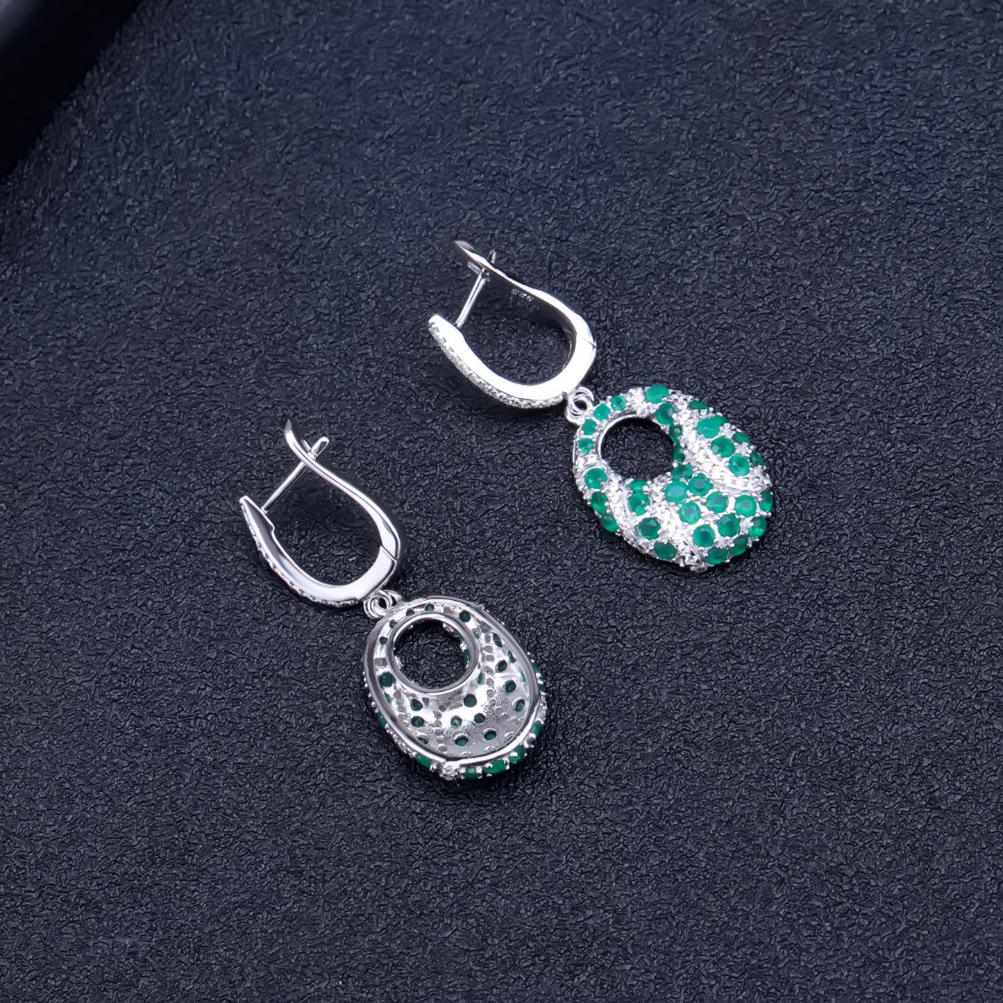 Unique Natural Green Agate Earrings Retro Design s925Silver Inlaid Natural Sapphire Earrings