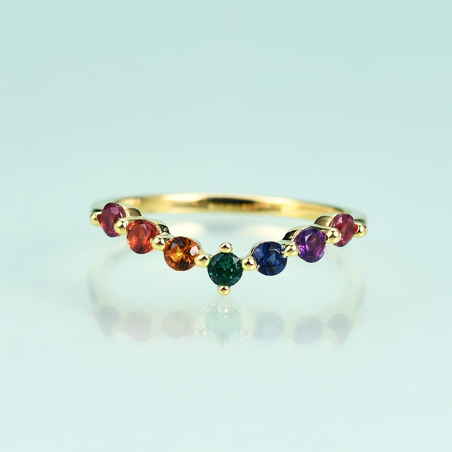 S925Sterling Silver Inlaid Colorful Gemstone Ring Fashionable and Simple Luxury Style V Character Ring Plating14k Gold ring