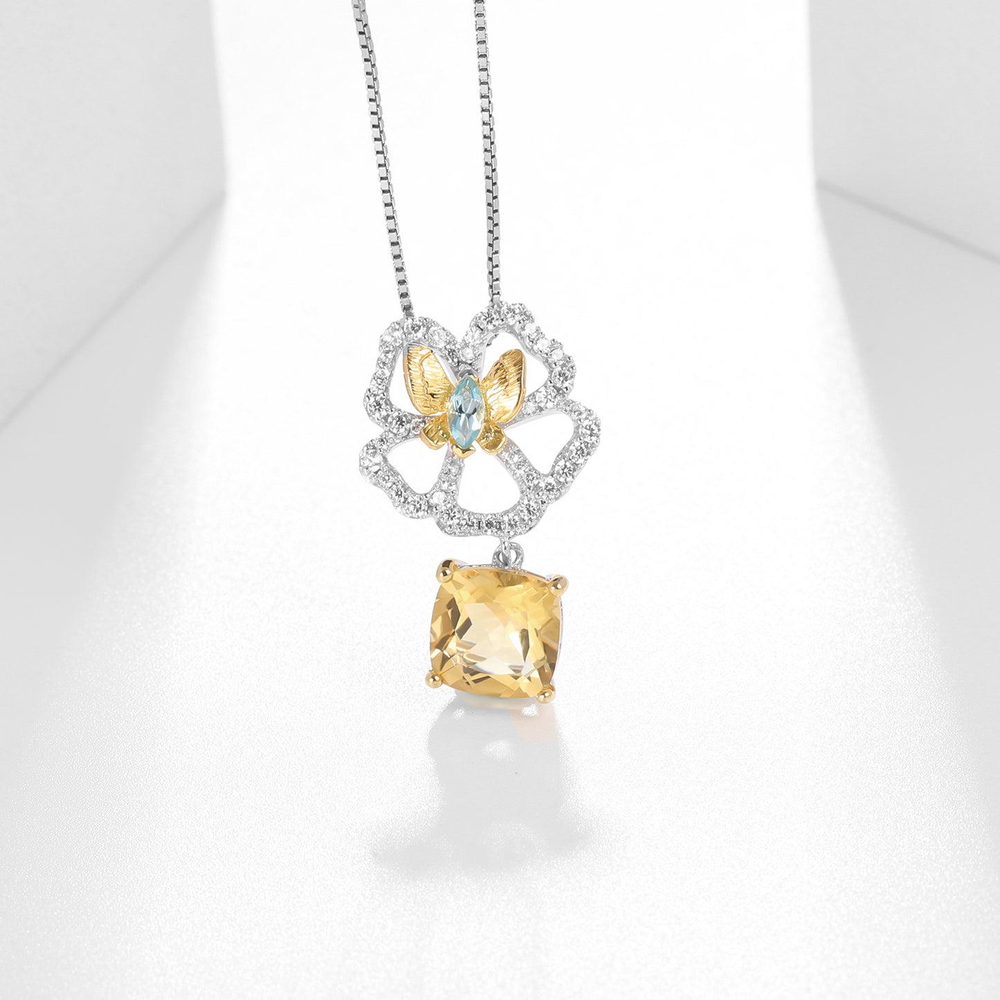 Designer Natural Yellow Crystal Pendant Natural Style Butterfly Flower Design s925Sterling Silver Gemstone Necklace Pendant