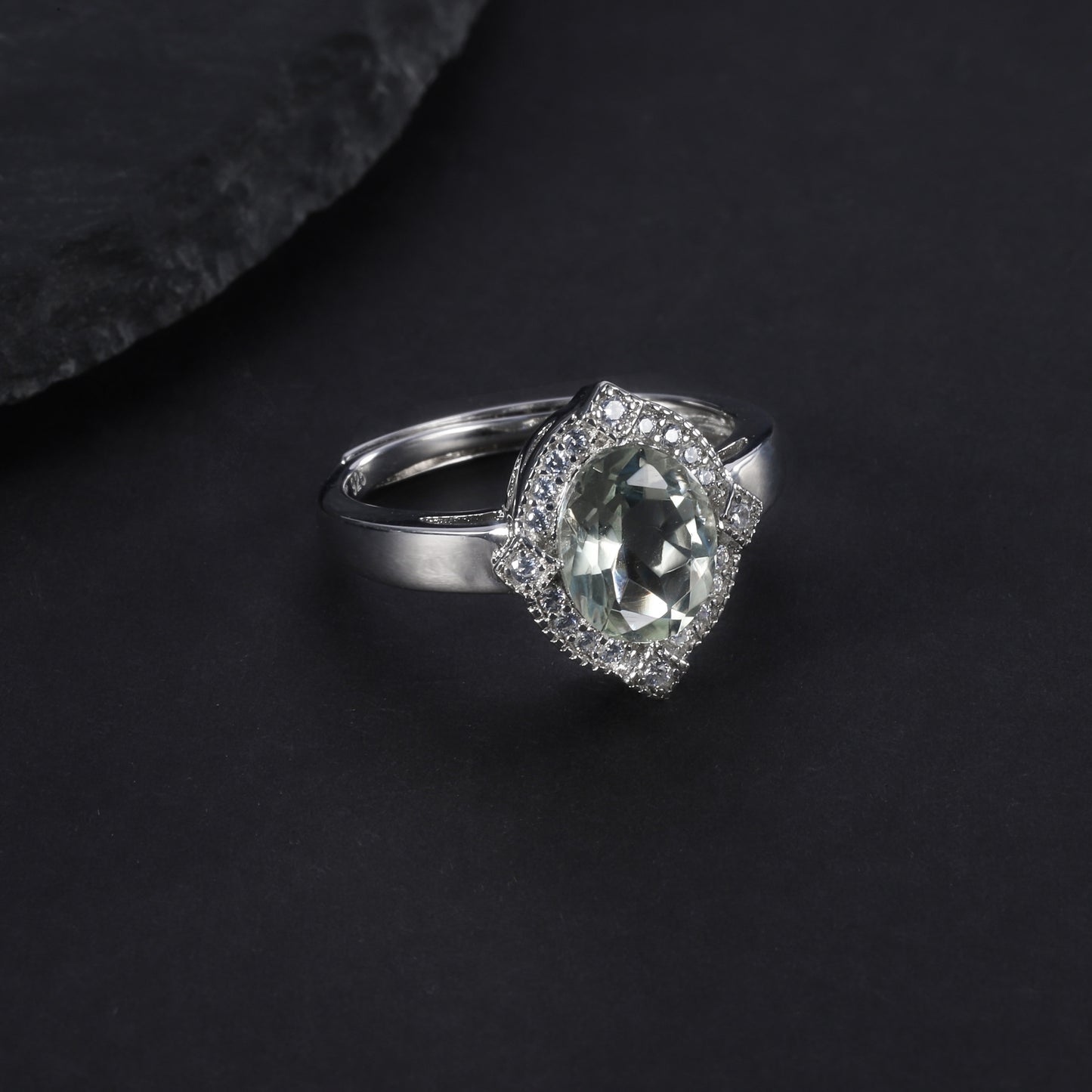 s925Silver Natural Green Amethyst Ring Adjustable Opening Fashionable Elegant Light Luxury Inlaid Natural Gemstone Ring