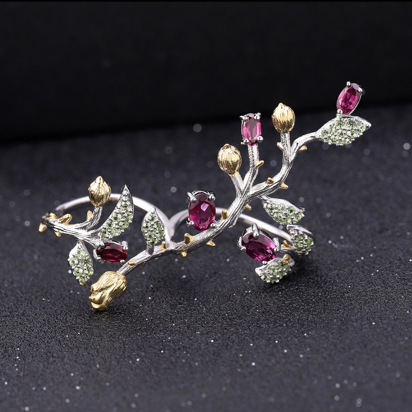 Vintage Plant Nature Style Designer Jewelry Adjustable Double Finger Ring s925Silver Natural Colored Gems Ring