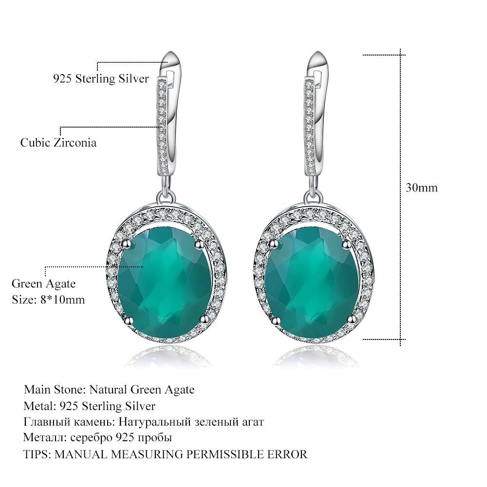 Natural Green Agate Ear Stud Earring In-stock Direct Supply Light Luxury Fashion925Silver Inlaid Natural Gemstone Earrings Jewelry