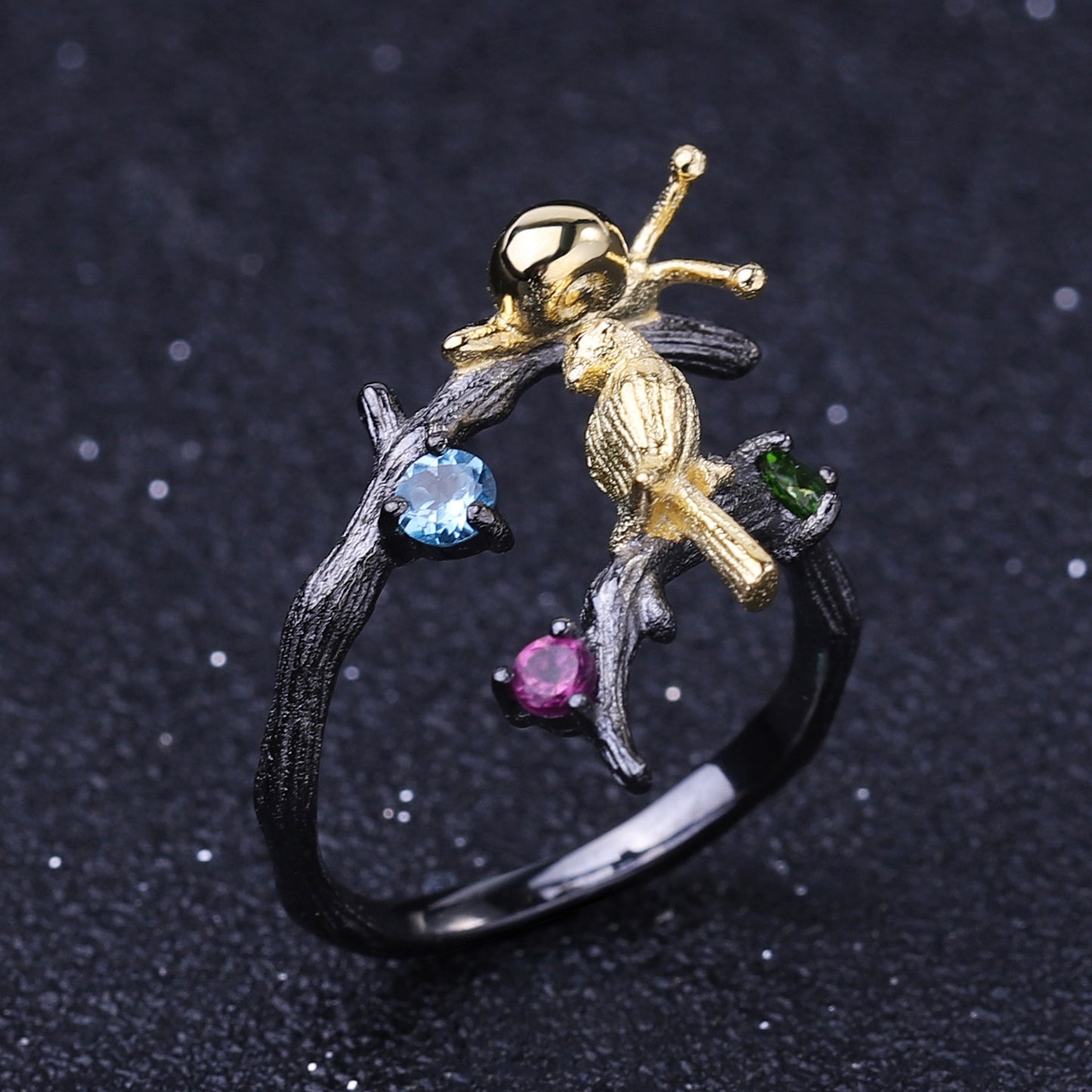 Secret Garden Designer Adjustable Ring Snail Warbler Design s925Sterling Silver Natural Gemstone Ring