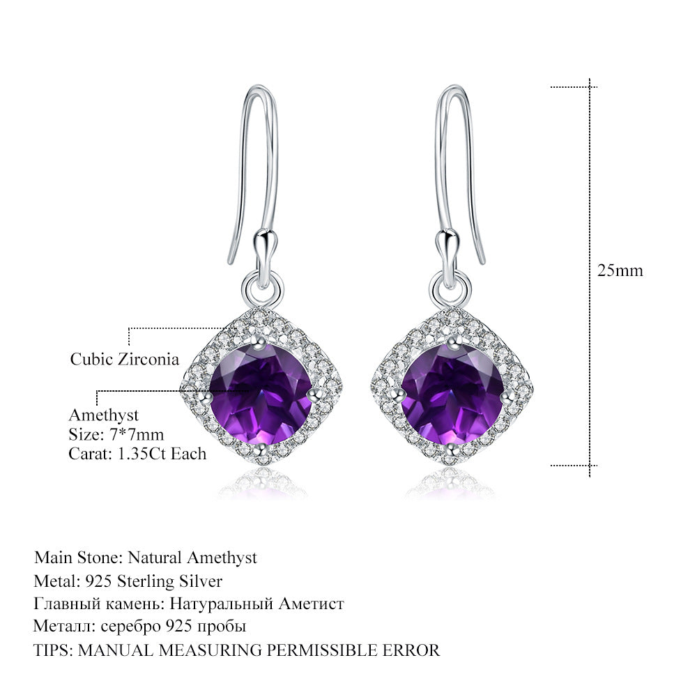 Light Luxury Natural Colored Gems Amethyst Stud Earrings Advanced Sense s925Silver Inlaid Natural Gemstone Earrings Earrings