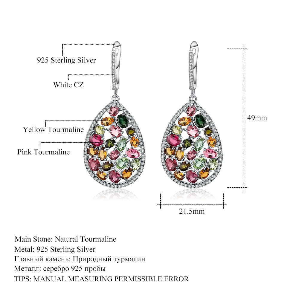 Jewelry Tourmaline s925Silver Earrings Retro Personality Colorful Gemstone Natural Crystal Earrings Jewelry