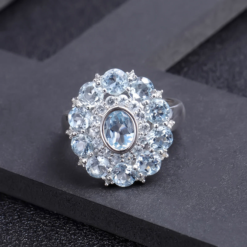 Luxurious Natural Topaz Ring with Floral Design s925Silver Inlaid Sky Blue Gemstone Ring