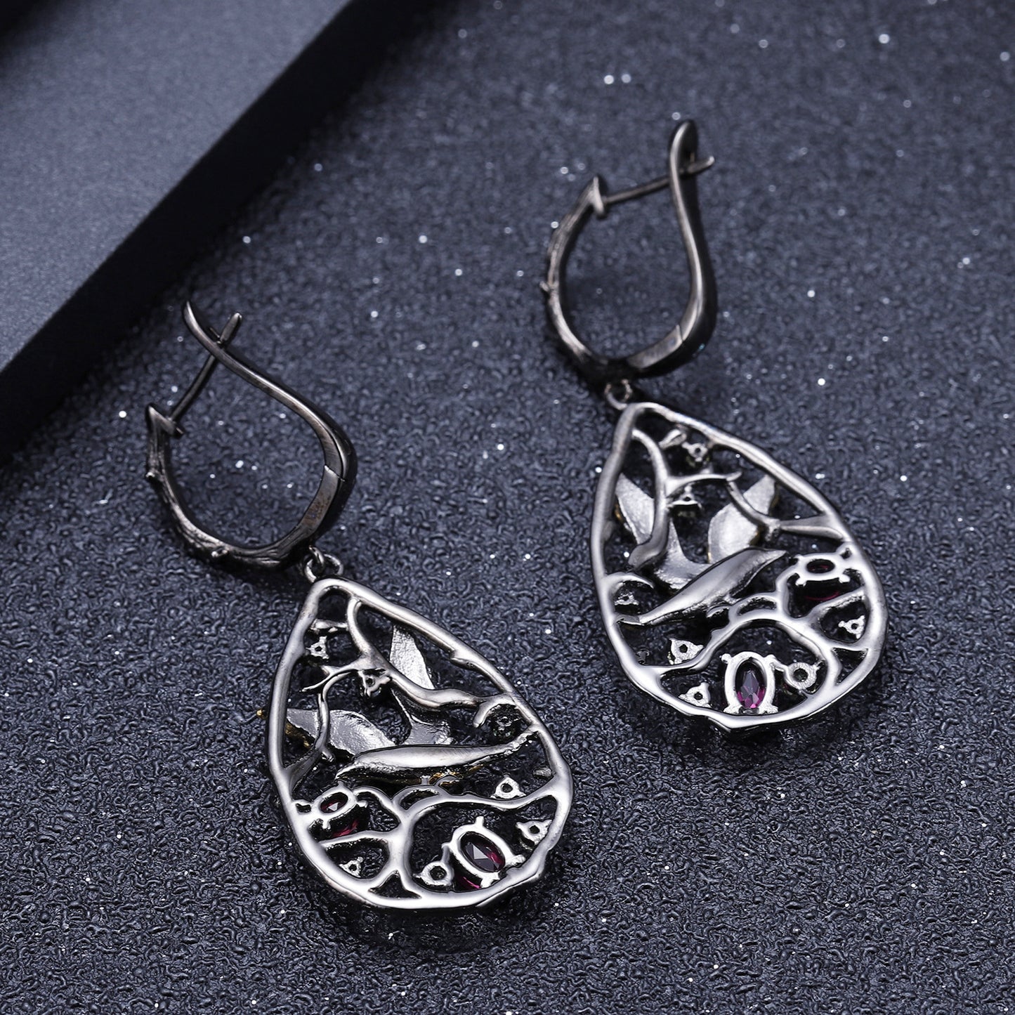 Bird's Paradise Original Design Earrings S925Sterling Silver Inlaid Natural Topaz Garnet Earrings Black