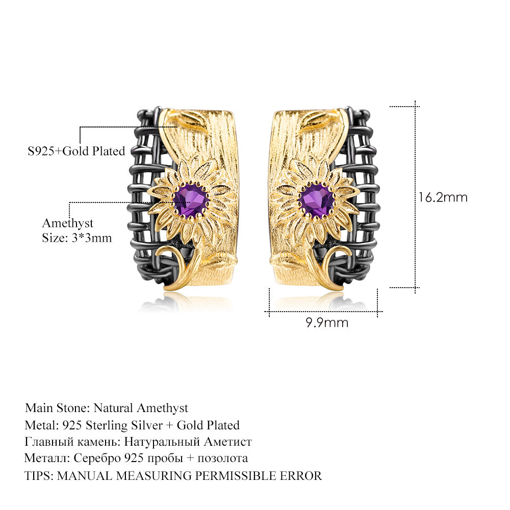 Italian Craft Designer Earrings Natural Style Floral Design925Silver Natural Amethyst Stud Earrings