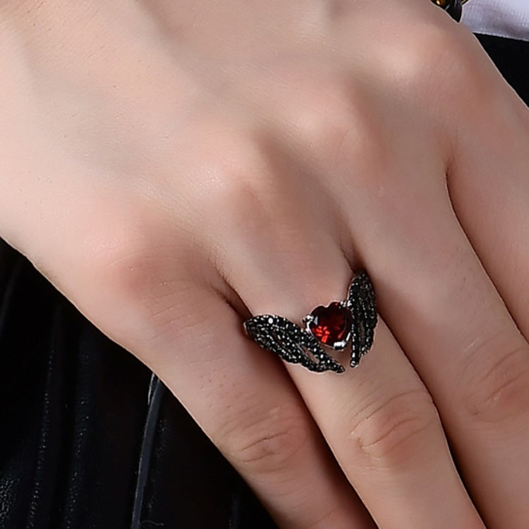 Dark Wings Heart Designer Natural Gemstone Ring s925Sterling Silver Inlaid Garnet Ring