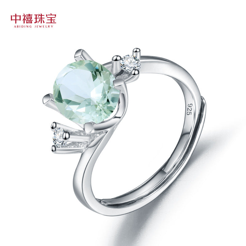 s925Silver Natural Green Amethyst Ring Adjustable Opening Fashionable Elegant Light Luxury Inlaid Natural Gemstone Ring