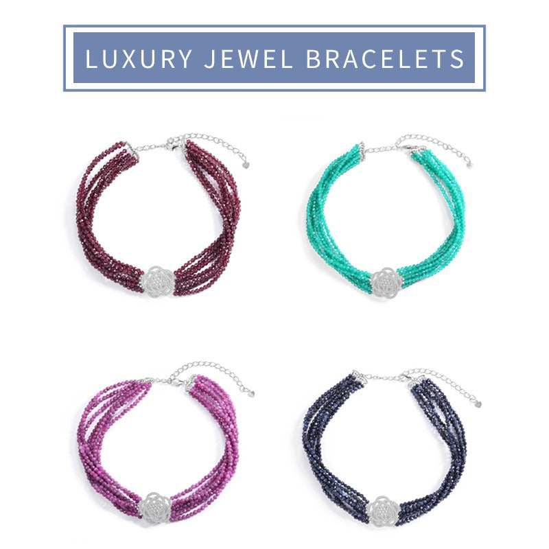 Wind Luxury Natural Ruby Bracelet Lapis Green Agate s925Sterling Silver Beads Bracelet Multi-Layer Twin