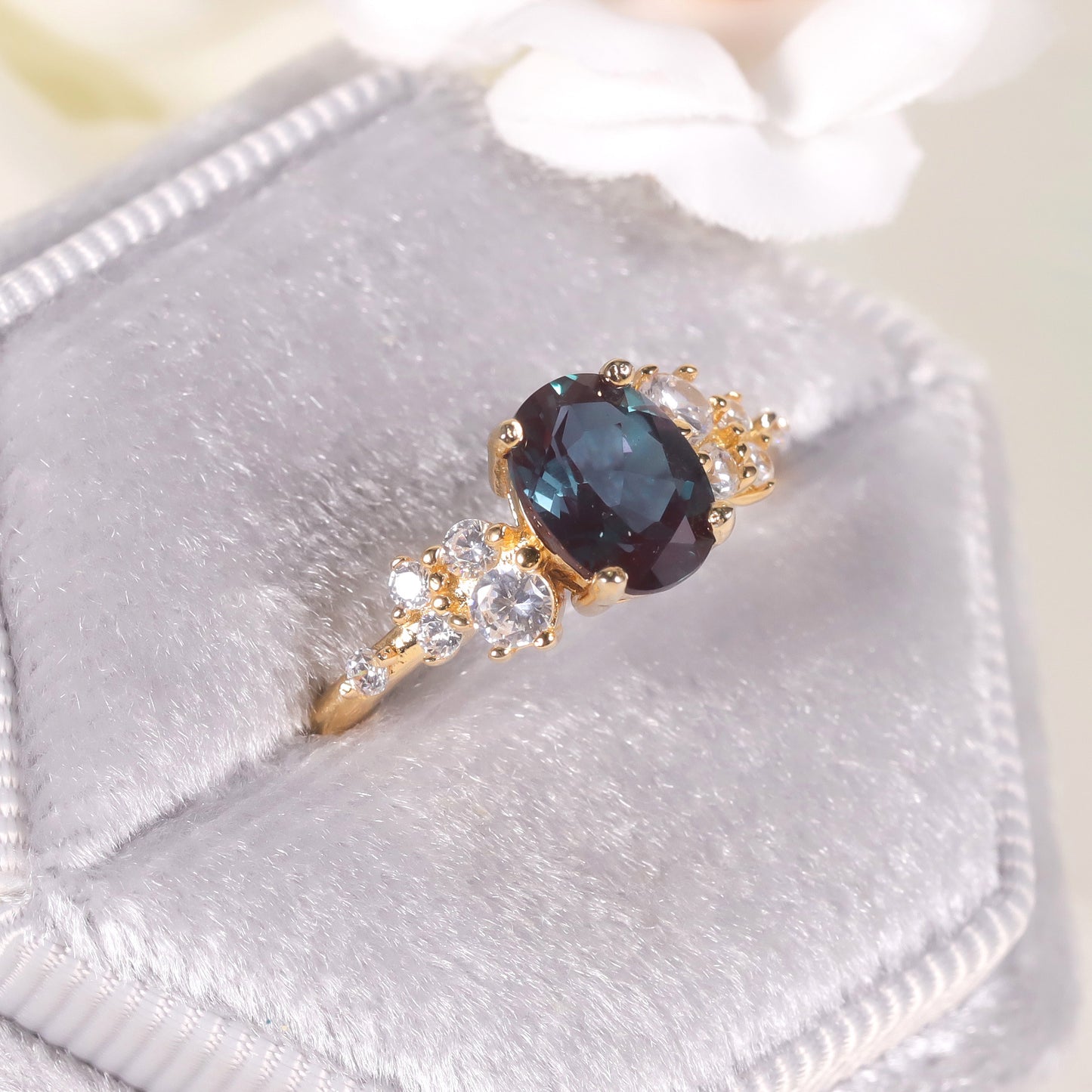 Design Sense Synthetic Alexandrite Ring s925Silver plating18k Gold Inlaid Opal Ring New Model