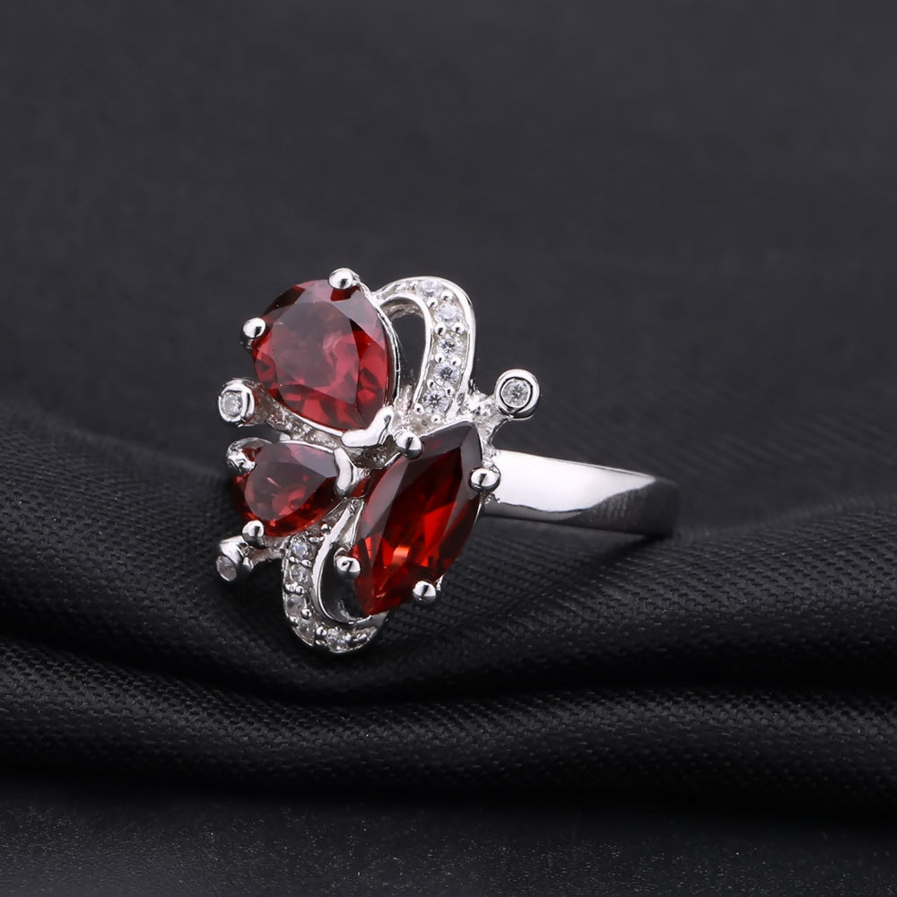 Italian Craft Jewelry Inlaid Natural Gemstone Ring for Women Fashion s925Sterling Silver Inlaid Garnet Ring
