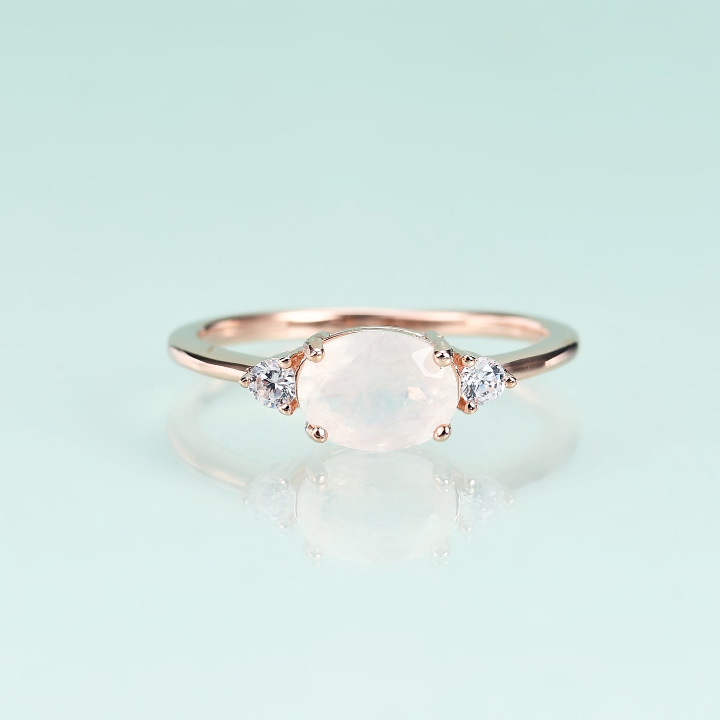 S925Sterling Silver Inlaid Natural Moonstone Ring Fashionable Classic Light Luxury6*8mm Gemstone Rose Gold Ring