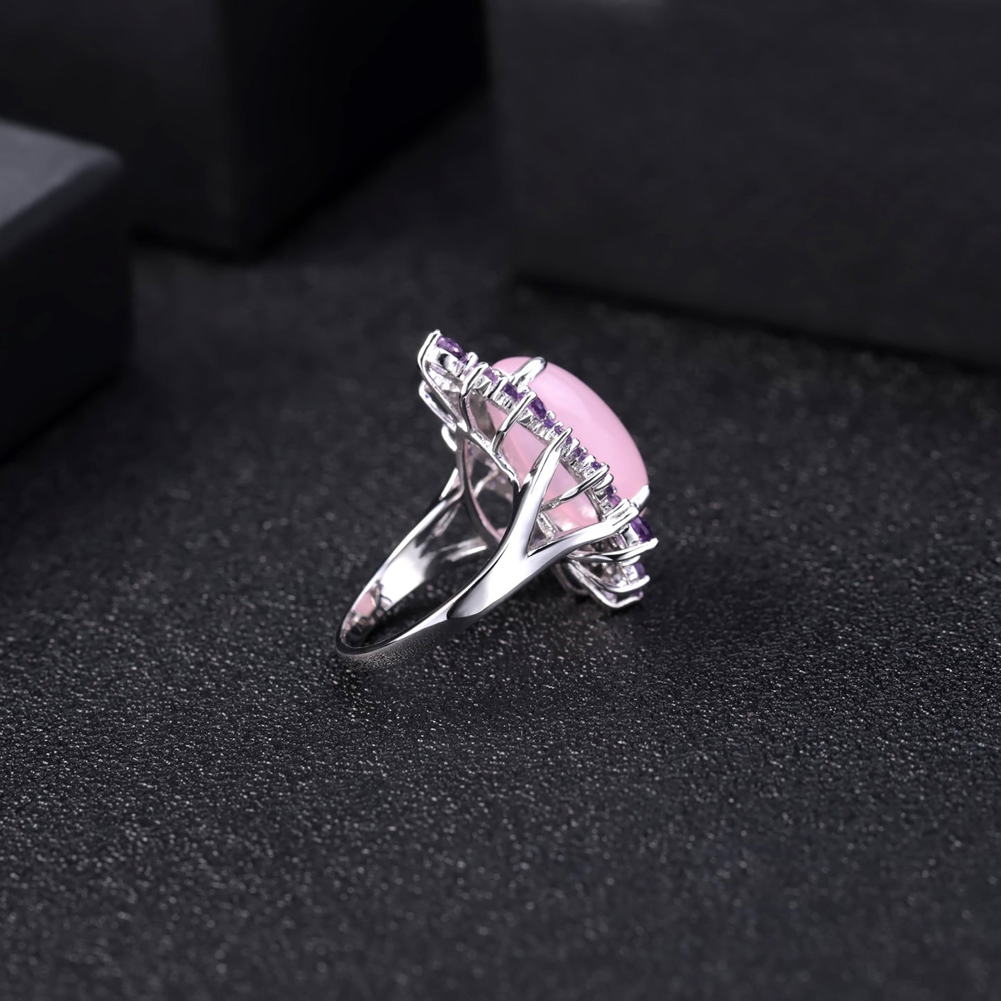 Luxurious Natural Gemstone Pink Chalcedony Ring Elegant Series with a Sense of Sophistication s925Silver Inlaid Gemstone Ring