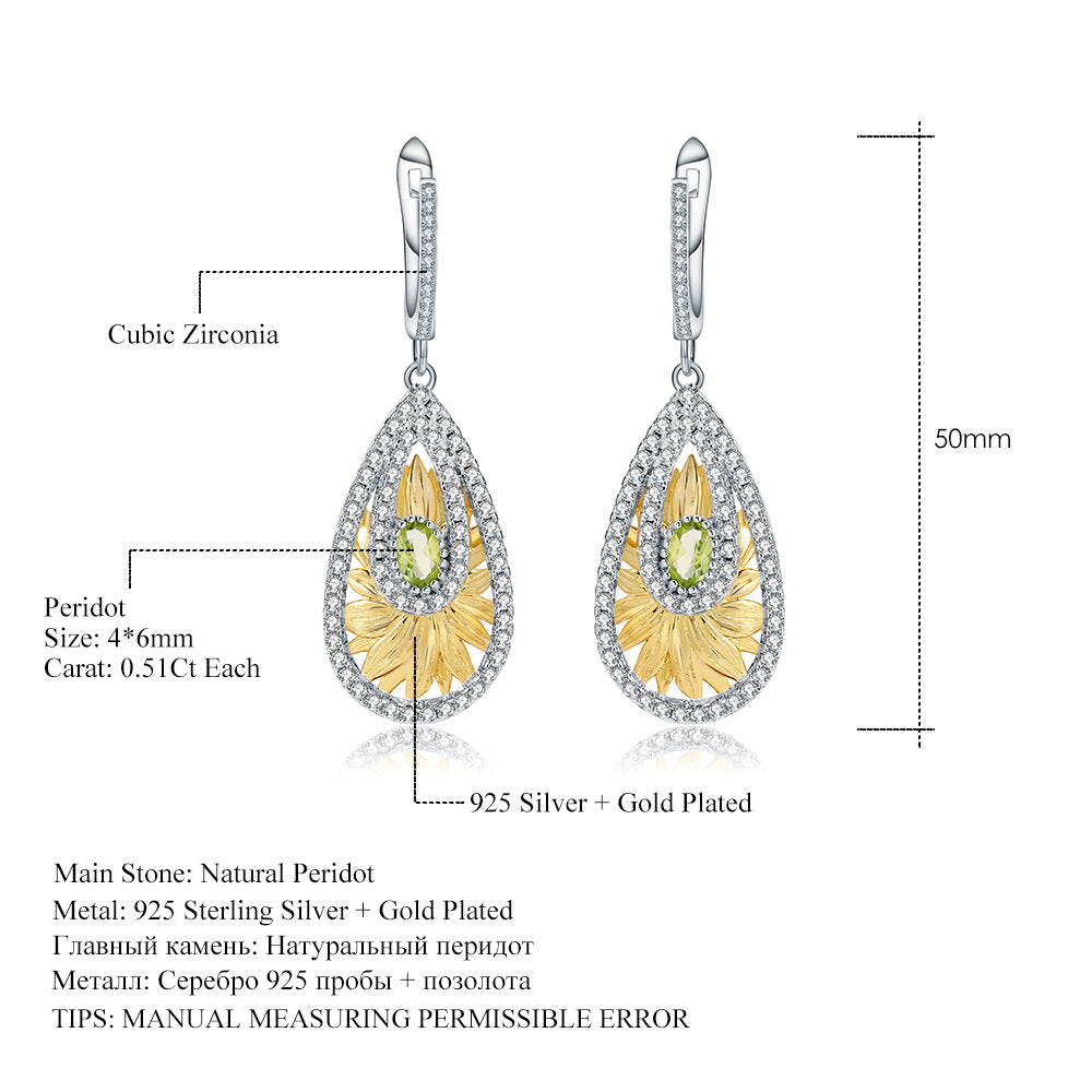 Designer High-End Natural Peridot Jewelry Set Sunflower Element Design925Silver Ring Earrings