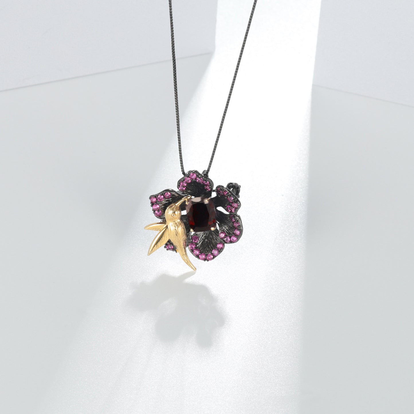 Secret Garden Designer Brooch Pendant Two-in-One Birdsong and Fragrant Flowers Design925Silver Natural Amethyst Necklace
