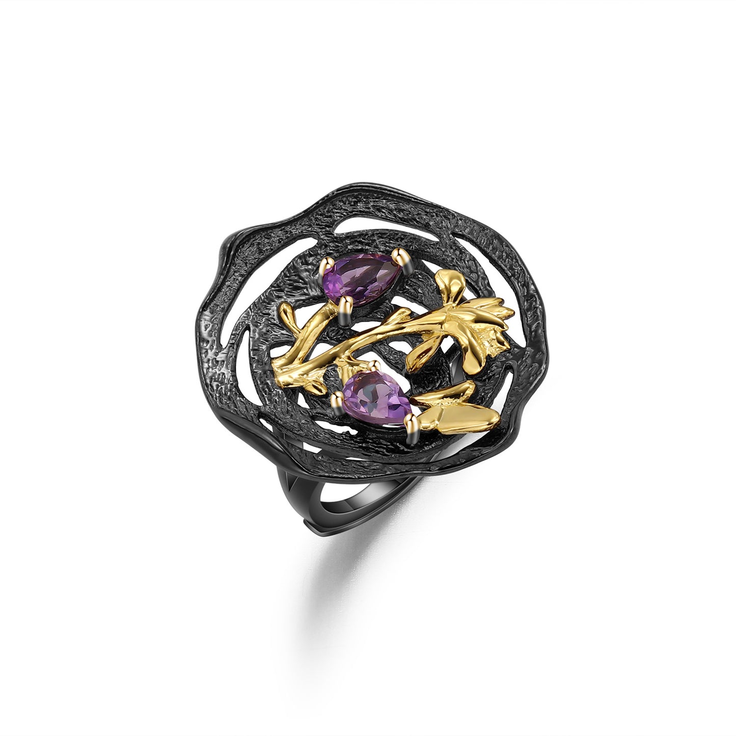 Designer High-End Retro Style Ring Natural Design s925Silver Natural Gemstone Amethyst Ring