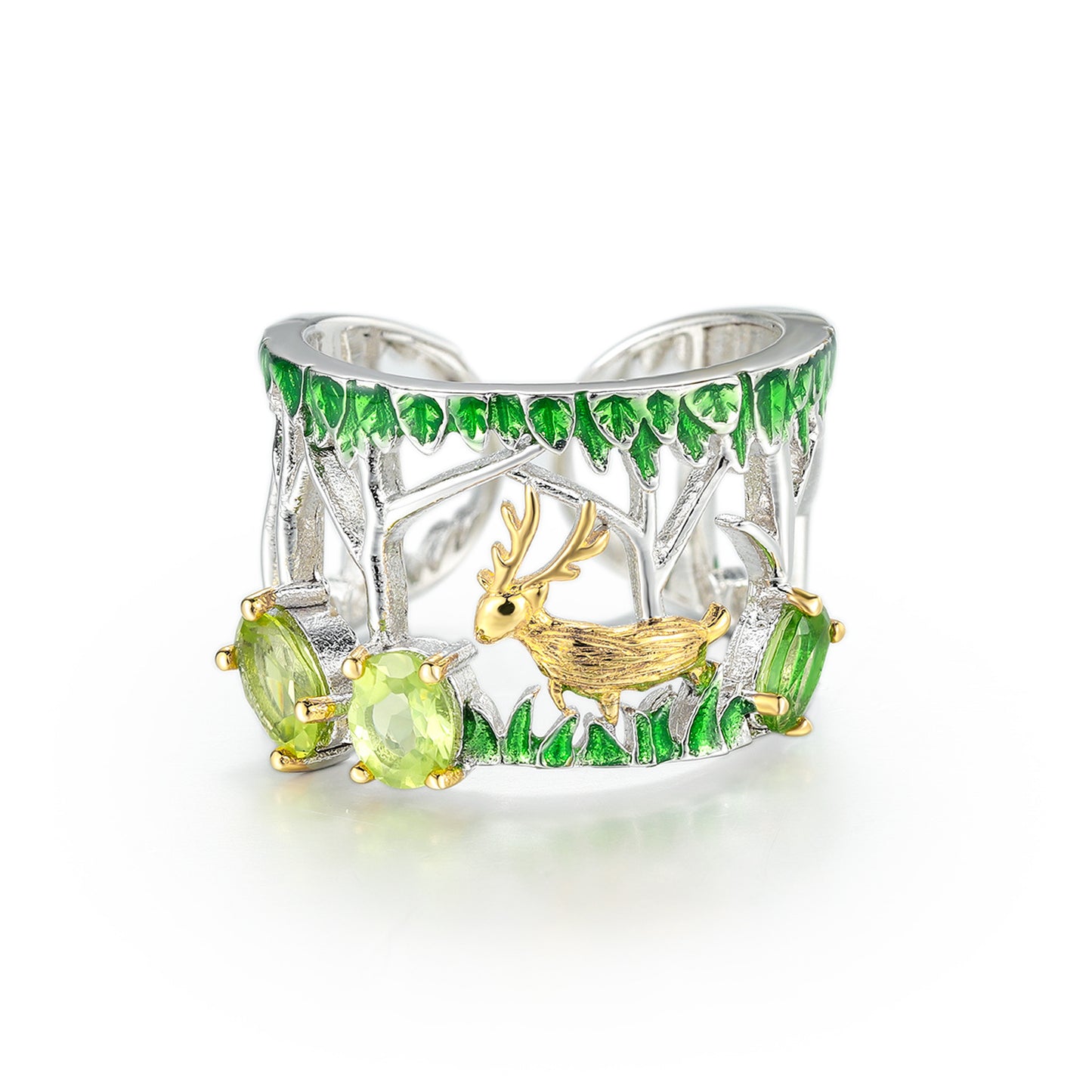 Natural Gemstone Original Design Ring for Women, Niche Hand Jewelry, Adjustable925Sterling Silver Deer Ring