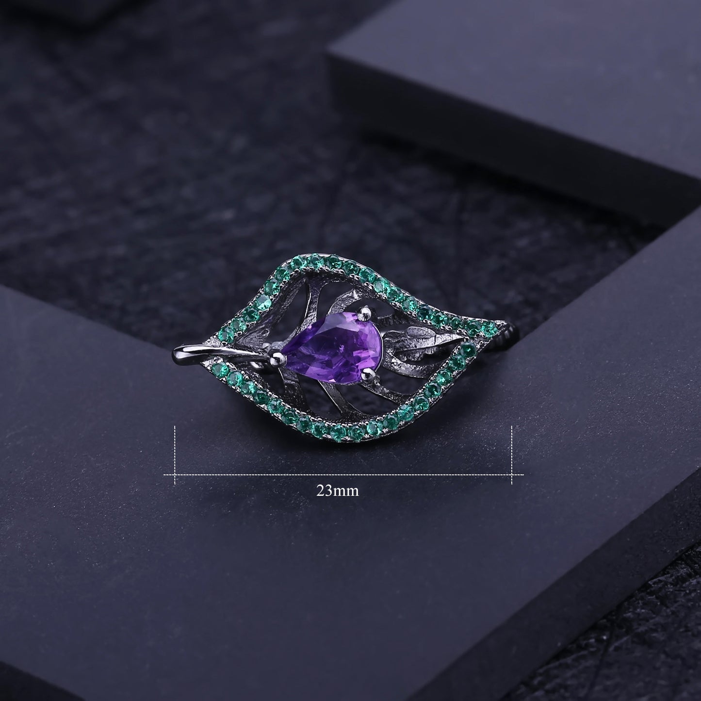 Italian Craft Designer Ring Natural Wind Leaf Design925Silver Inlaid Natural Amethyst Ring