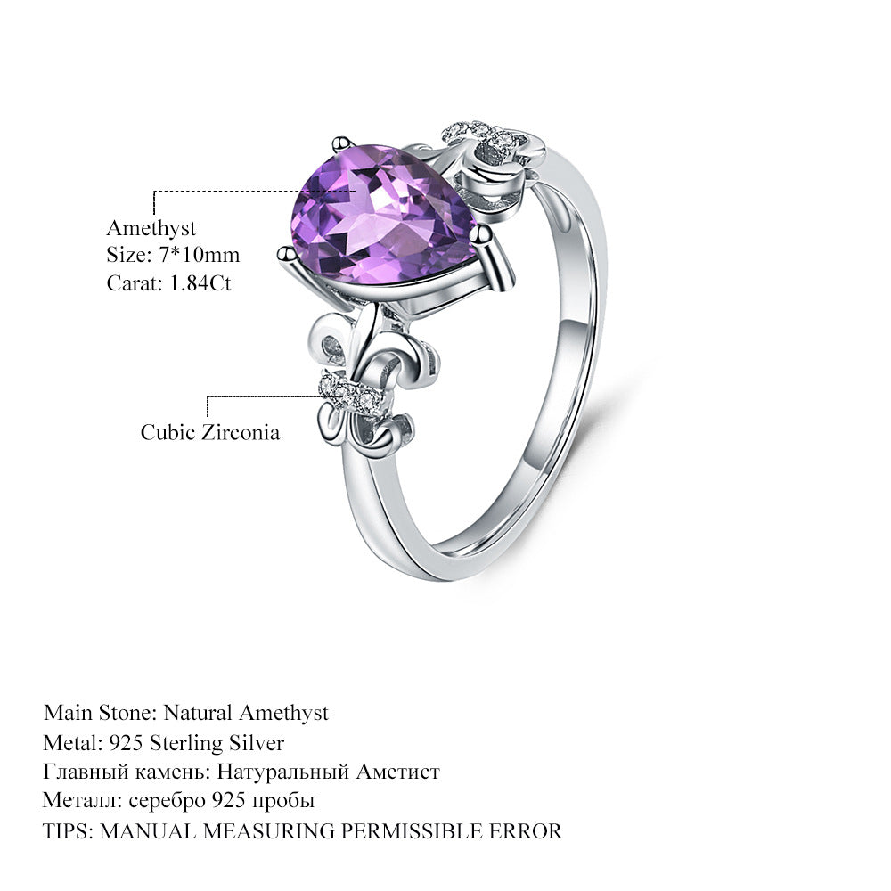 Jewelry Design Sense Natural Gemstone Ring Niche Retro925Silver Inlaid Amethyst Ring