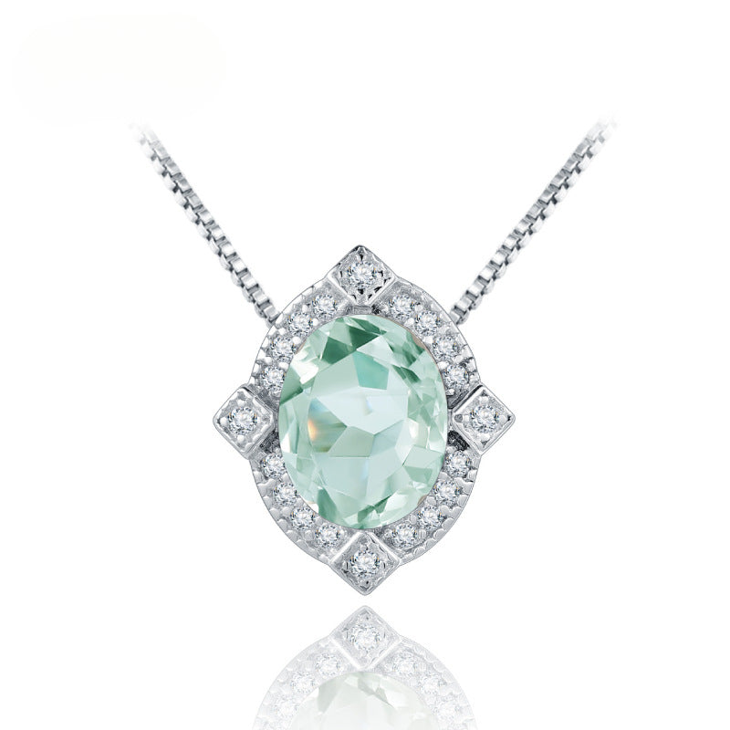 s925Silver Natural Gemstone Green Amethyst Necklace Pendant Fashionable Light Luxury High-end Inlaid Natural Gemstone Pendant