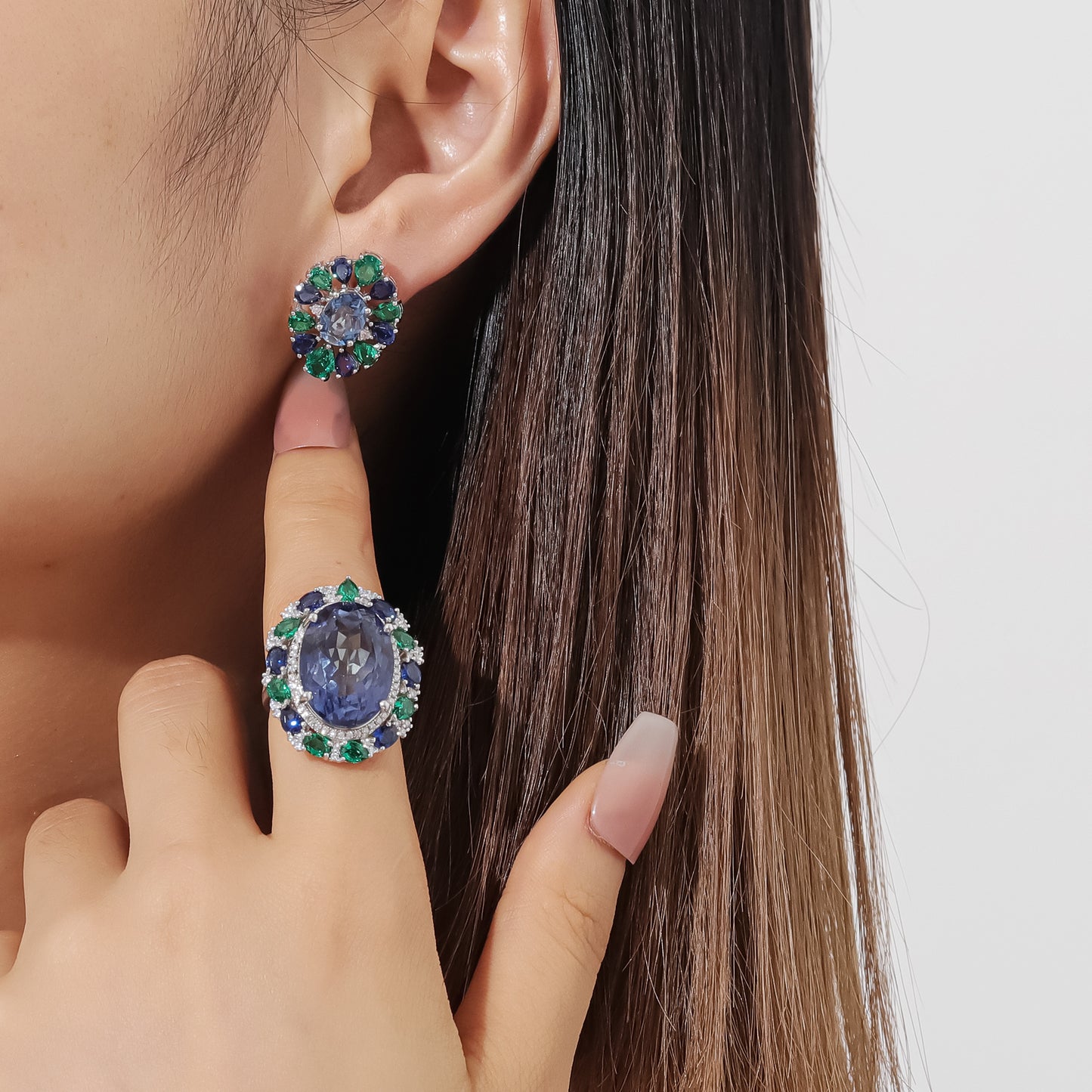 Spring and summer popular luxury crystal earrings gift s925Sterling Silver Inlaid Colorful Gemstone Stud Earrings New Style
