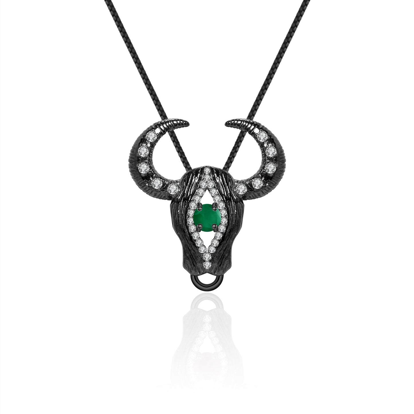 Designer Style Classic of Mountains and Seas Bull Head Pendant Dark Retro Design s925Silver Inlaid Green Agate Necklace Pendant