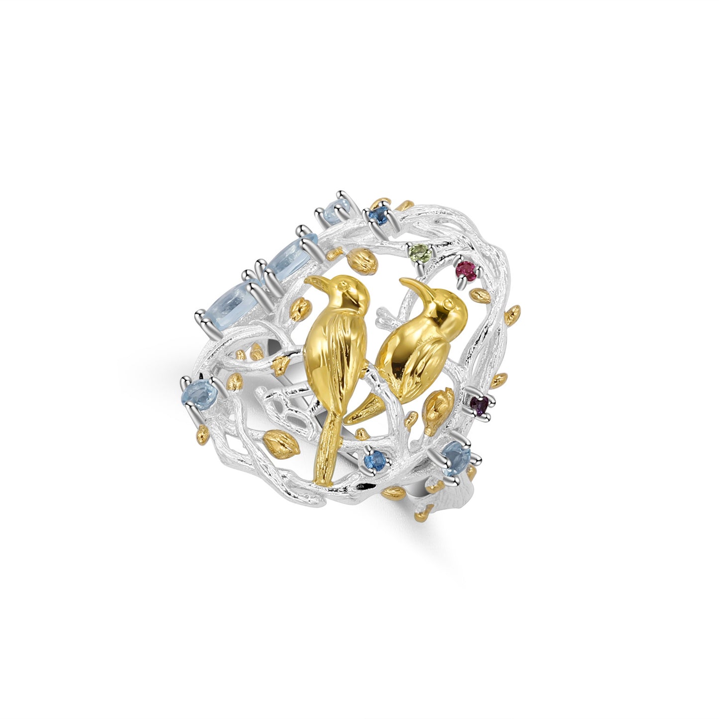 Designer High-End Sense Personality Chinese Style Ring Natural Wind Bird Design s925Silver natural gemstone ring