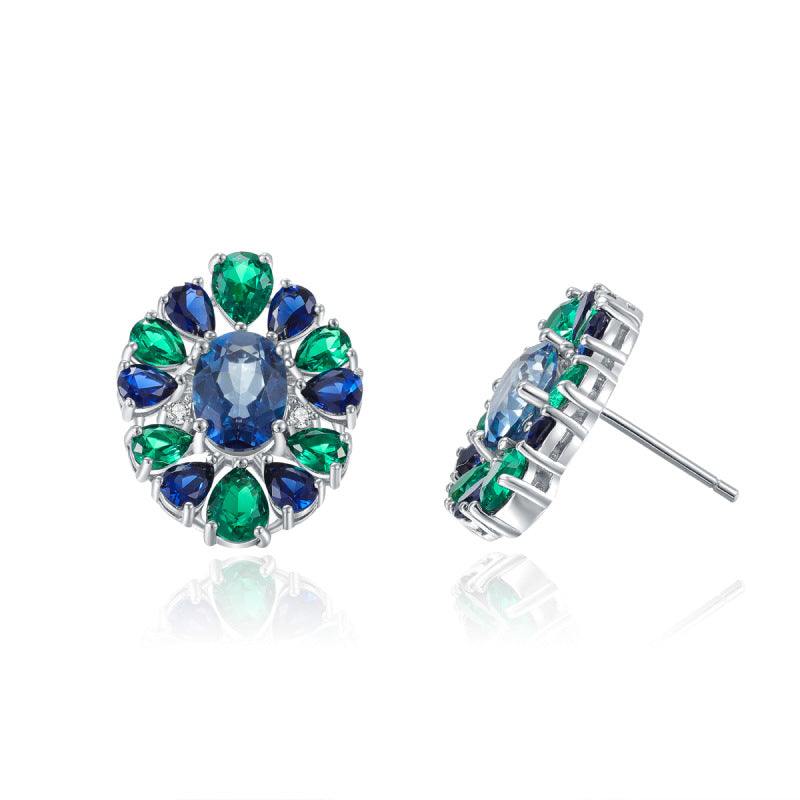 Spring and summer popular luxury crystal earrings gift s925Sterling Silver Inlaid Colorful Gemstone Stud Earrings New Style