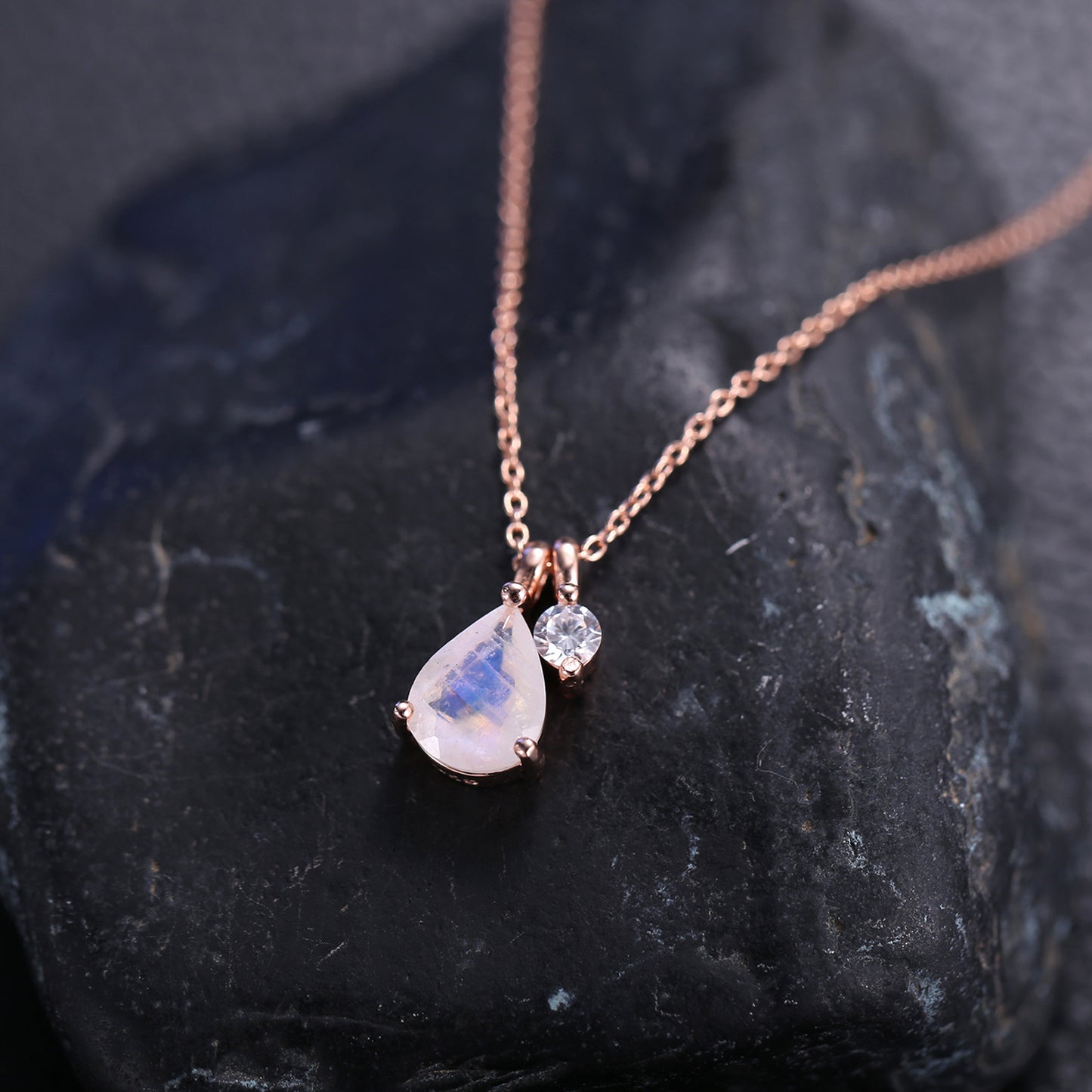 Korean and Japanese Natural Cream Blue Moonstone Pendant Cross-border s925Sterling Silver Inlaid Gemstone ins Rose Gold Wind Necklace