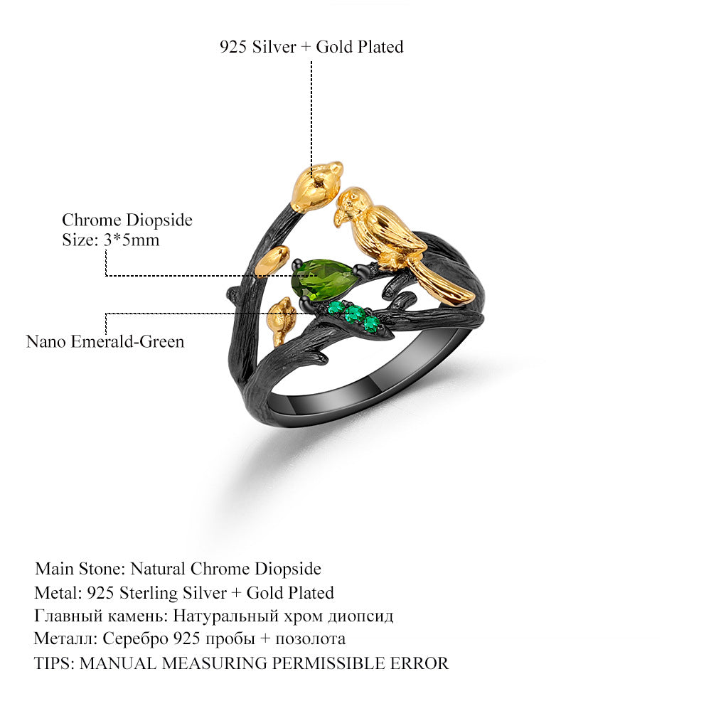 Italian Craft Designer Vintage Style Ring Natural Style Bird Design s925Silver Natural Rose Pomegranate Ring