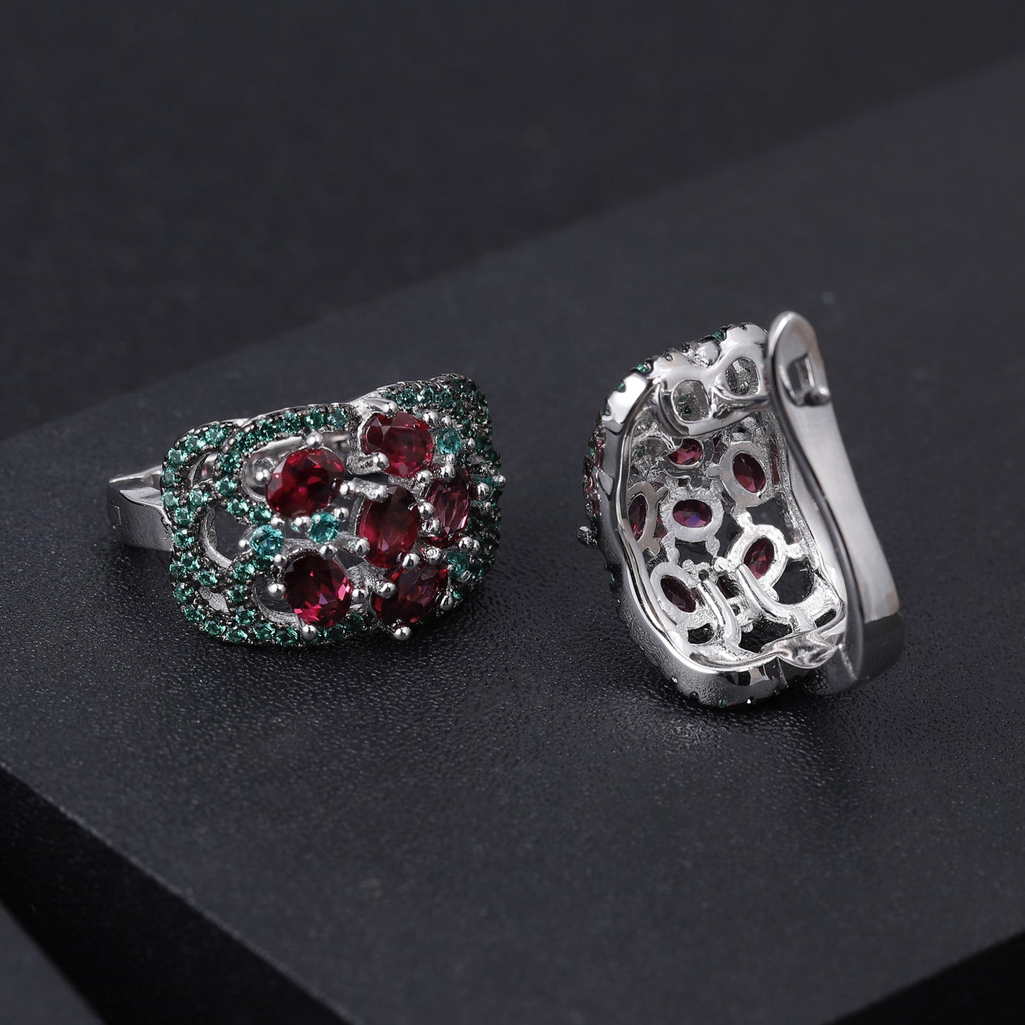 Luxurious and High-end Natural Rose Pomegranate Earrings Flourishing Series925Silver Inlaid Gemstone Stud Earrings