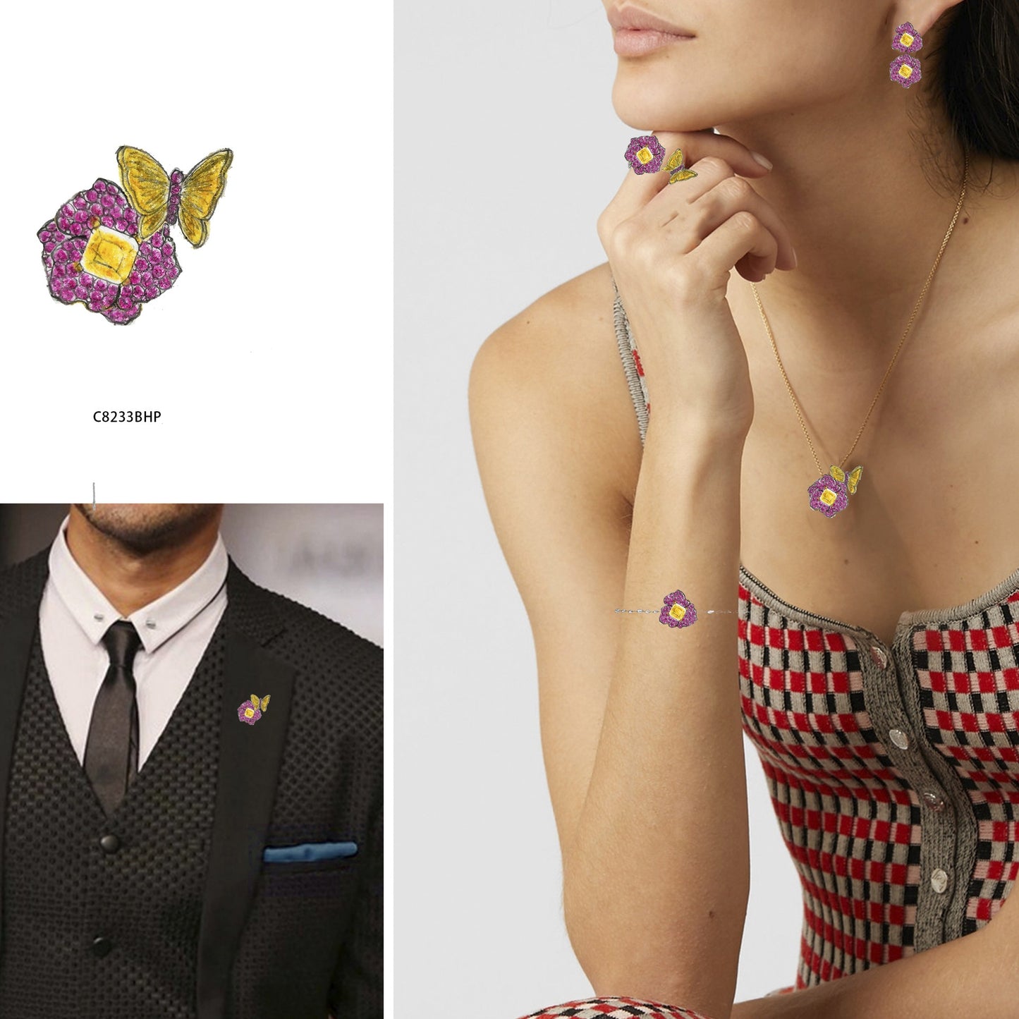 Designer Natural Amethyst Brooch Pendant Dual-use Natural Style Floral Butterfly s925Sterling Silver Gemstone Necklace