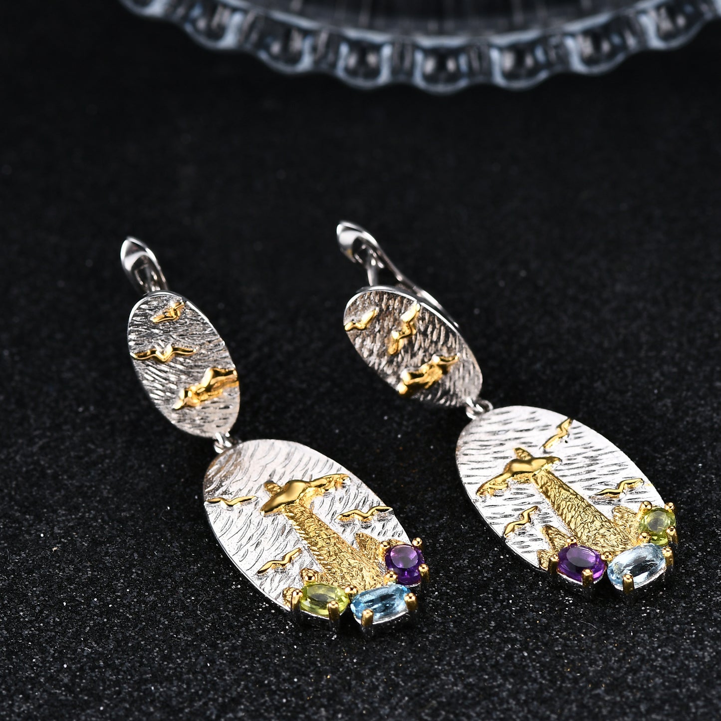 Natural Colorful Gemstone Jewelry Set s925Sterling Silver Inlaid Gemstone Earrings Necklace Ring Original Design Pendant
