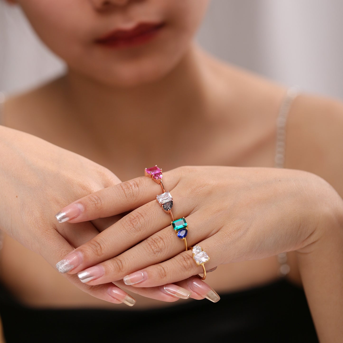 S925Sterling Silver Inlaid Emerald Nano Gemstone Ring Fashionable Light Luxury High-end Sense Elegant Plated14K Gold ring