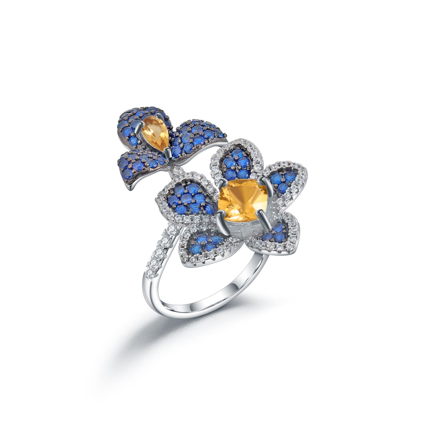 Designer Natural Yellow Crystal Ring Natural Style Series Floral Design s925Silver Inlaid Gemstone Ring