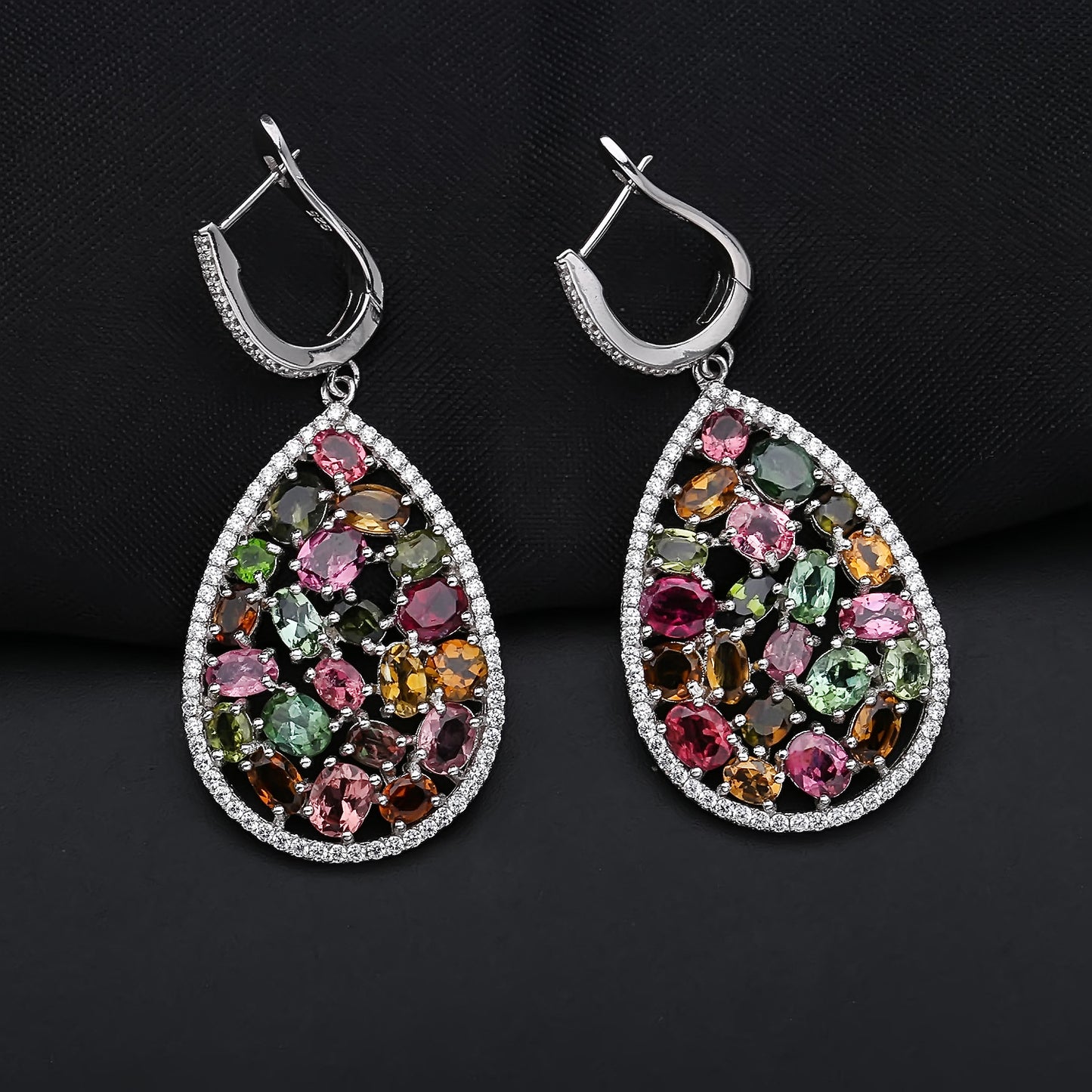 Jewelry Tourmaline s925Silver Earrings Retro Personality Colorful Gemstone Natural Crystal Earrings Jewelry